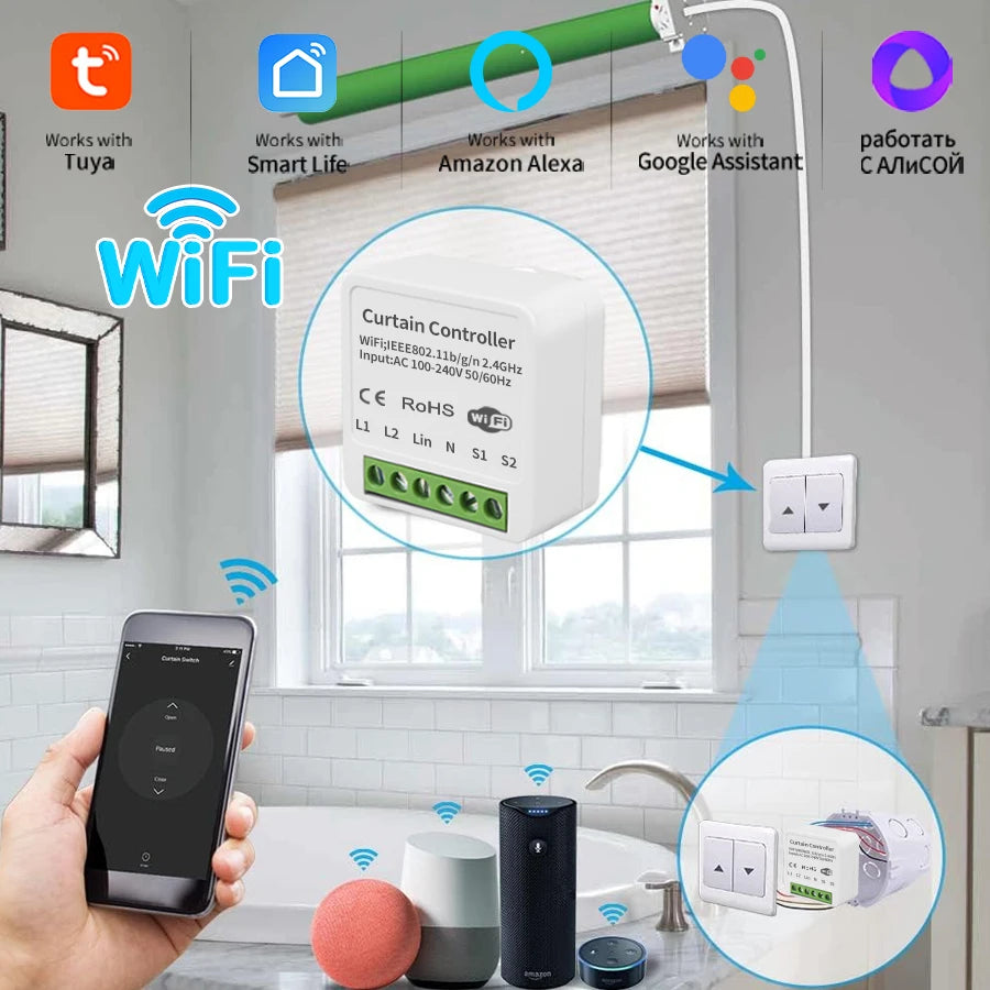 Wifi Smart Curtain Switch Module Tuya Smart Life Alexa Google Roller Blinds Shades Rolling Garage Door Projector AC 100-240V