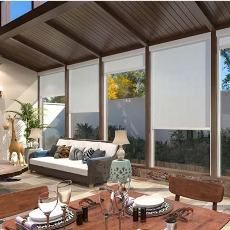 Motorized Windproof Waterproof Blinds Zip Screen Roller Blinds Zip Track Outdoor Glass Fiber Fabric for Garden