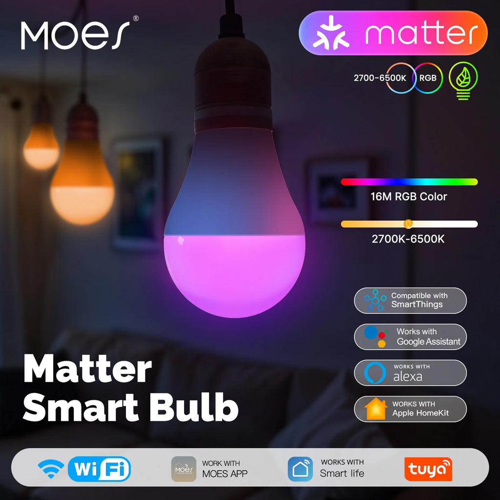 MATTER WiFi Smart Bulb 14W RGB+CW E27, Dimmable 2700K-6500K, Tuya App Control, Color Changing, Works with Alexa Google Home