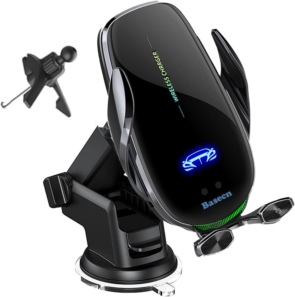 15W Fast Wireless Phone Charger, Car Wireless Phone Charger and Holder, Auto-Clamping Senser, 1000 Times Opening without Power, Suit for Car Office Kitchen, round Vent Friendly, Case Friendly