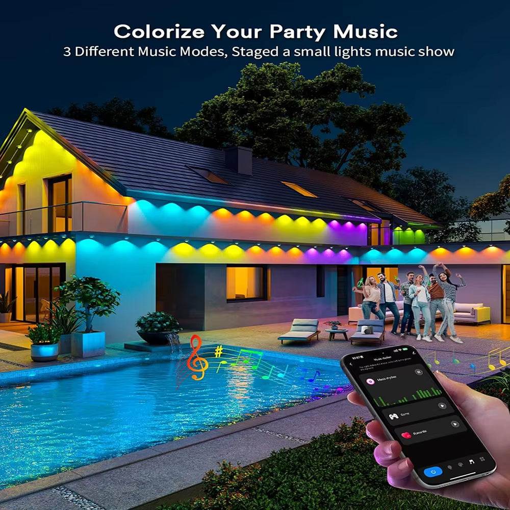 Outdoor Smart Bluetooth Eave Light, Multi-Function App Control, Eaves Lights, IP67 Waterproof, RGB, Garden Light, 15M/ 30 Leds
