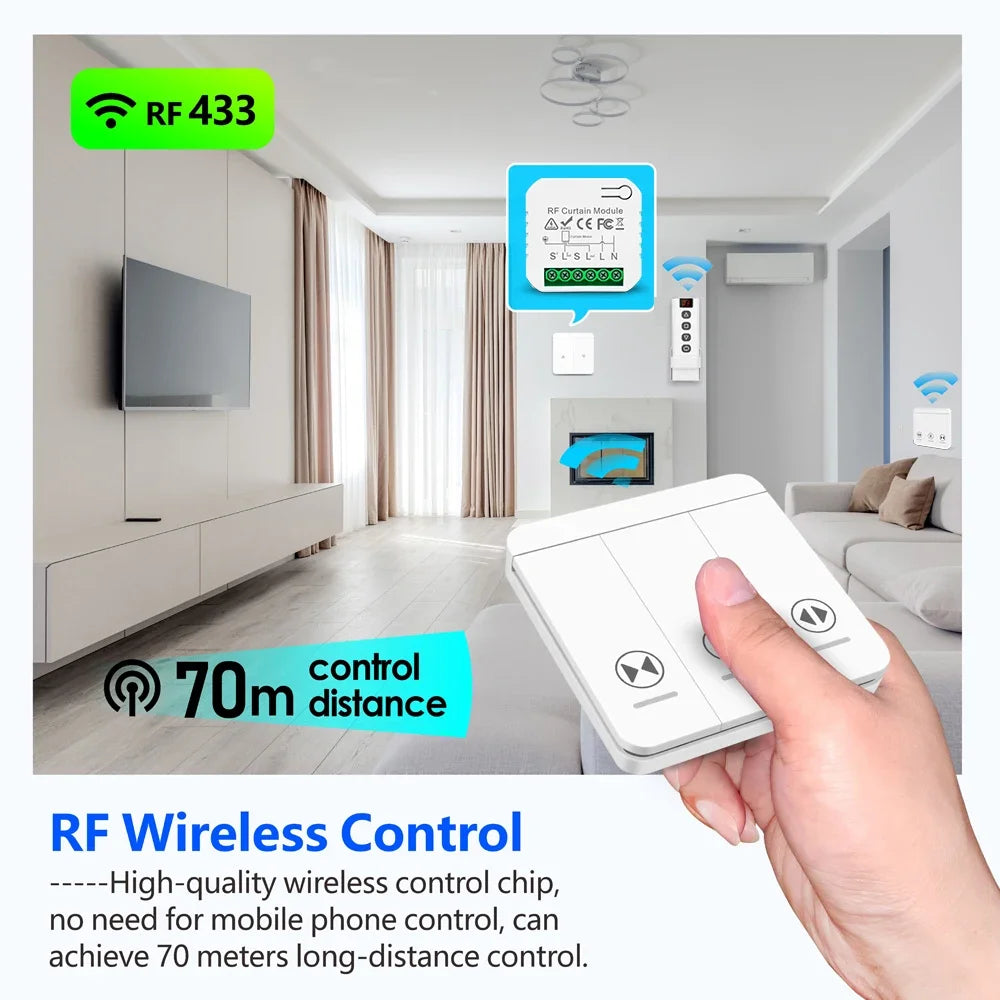 433 MHz RF Curtain Switch Module AC 220V 10A Shutter Controllers with Wireless Remote for Motorized Roller Shutter Blinds Motor