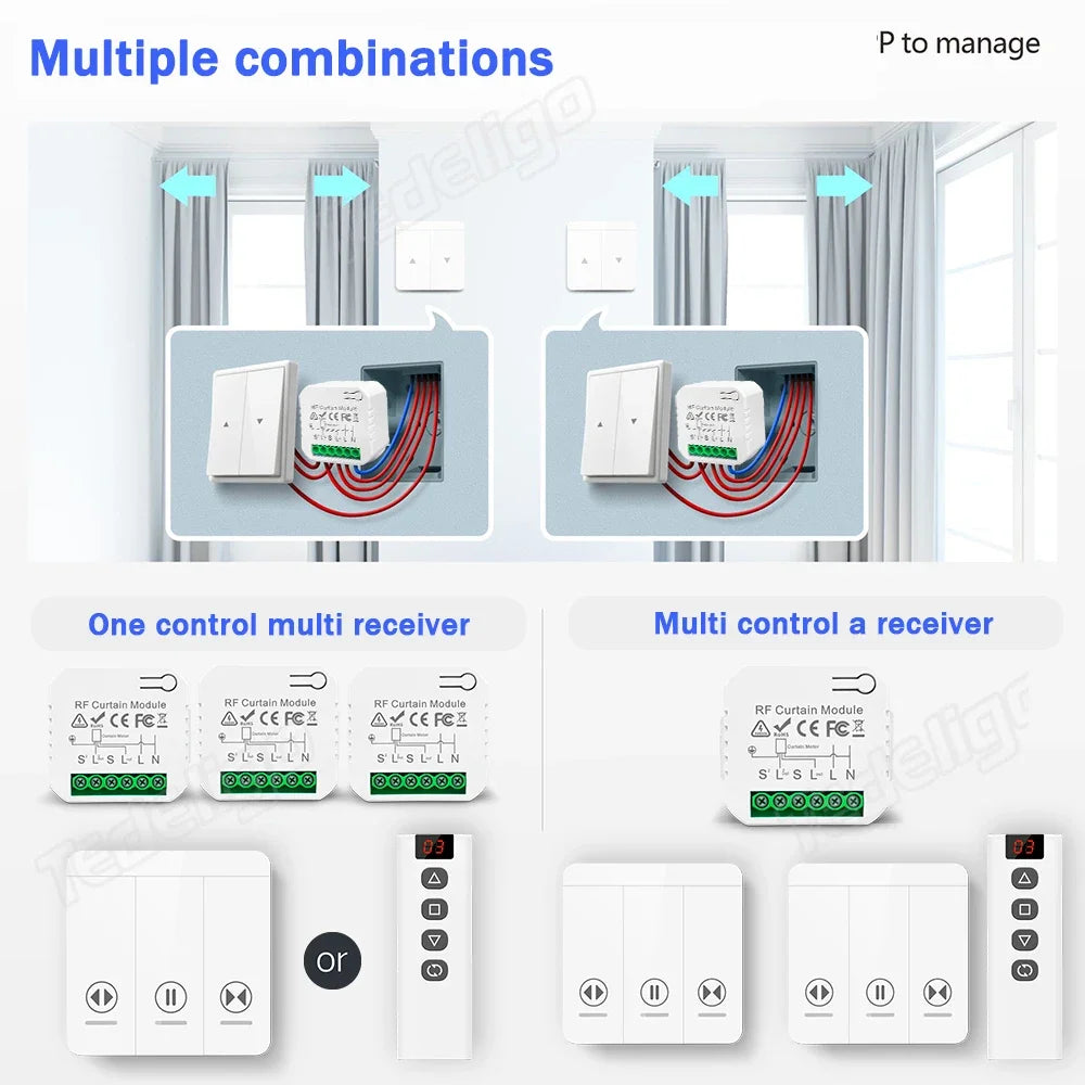 433 MHz RF Curtain Switch Module AC 220V 10A Shutter Controllers with Wireless Remote for Motorized Roller Shutter Blinds Motor