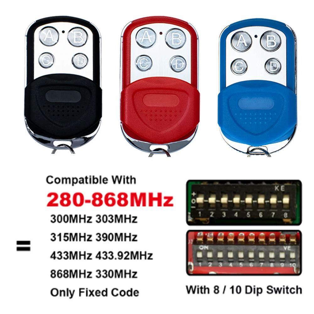For 8 / 10 DIP Switch Garage Door Remote Control Clone Fixed Code 300MHz 303MHz 315MHz 330MHz 433MHz 433.92MHz 868MHz Fixed Code