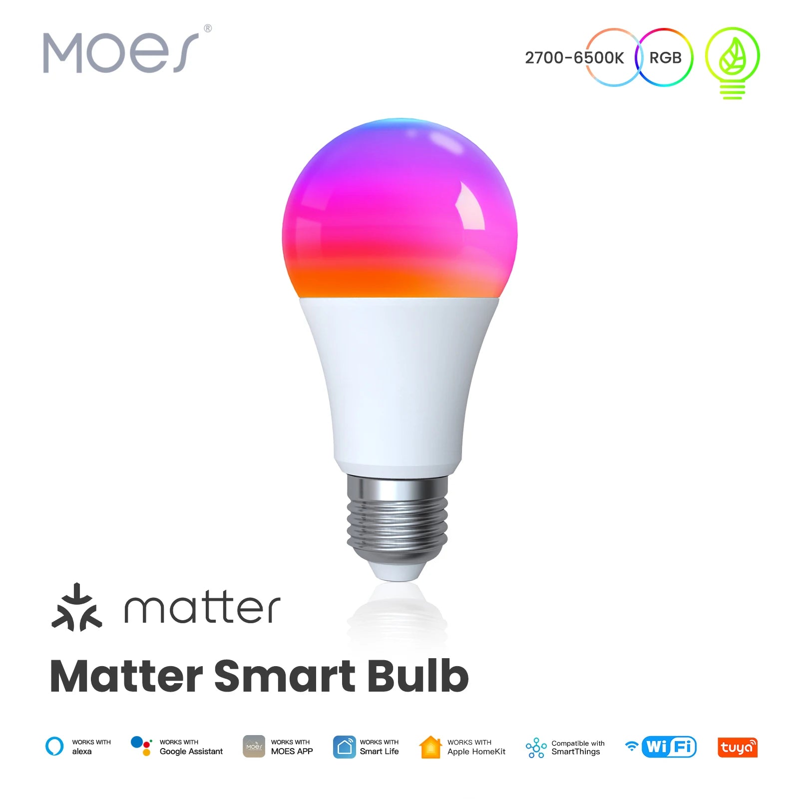 MOES Tuya Matter WiFi Smart E27 LED Bulb Dimmable 16 Million RGB Colors Candle Lamp Voice Control Works with Alexa Google Home