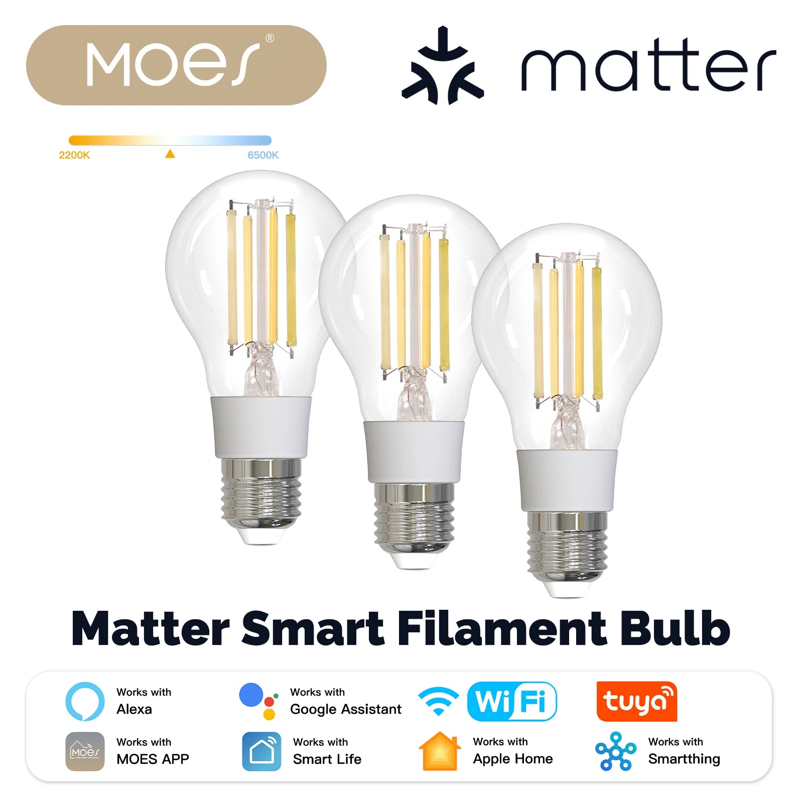 MOES Tuya Matter E27 7W Smart LED Filament Bulb 806Lm Dimmable 2700K-6500K Adjustable White Voice Control Alexa Google Home