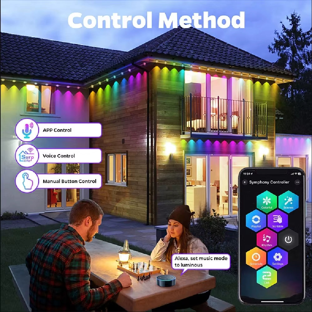 15M/30M/45M/60M RGBIC Smart Eaves Light with App/Remote Control IP67 Waterproof Outdoor String Lights House Roof Garden Lighting
