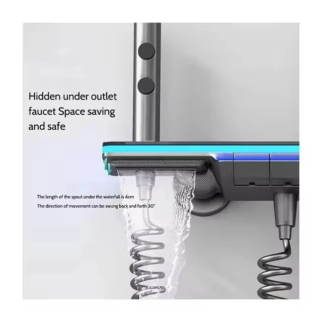 Smart LED Digital Screen Four-Function Brass Shower Set Polished Square Shower Head Ceramic Rain Waist Back SPA Apartment