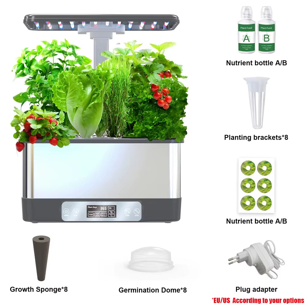 Wifi Hydroponics Growing System Stainless Steel 8 Pods Planter Indoor Garden Herbs Planting Box with Spectrum LED Grow Lights