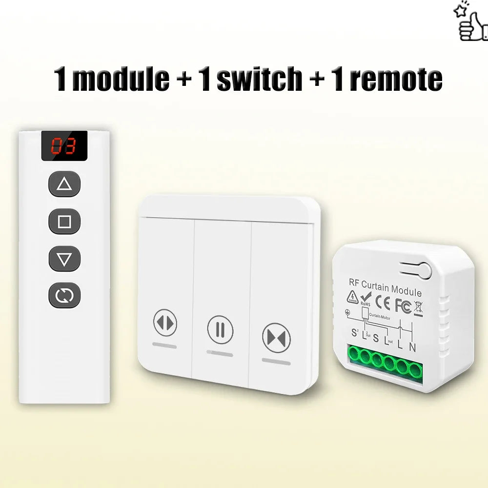 433 MHz RF Curtain Switch Module AC 220V 10A Shutter Controllers with Wireless Remote for Motorized Roller Shutter Blinds Motor