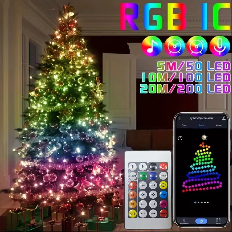 WS2812B LED String Light Smart Bluetooth Remote Control RGBIC Fairy Lamp USB Waterproof for Christmas Tree Lights Home Decor