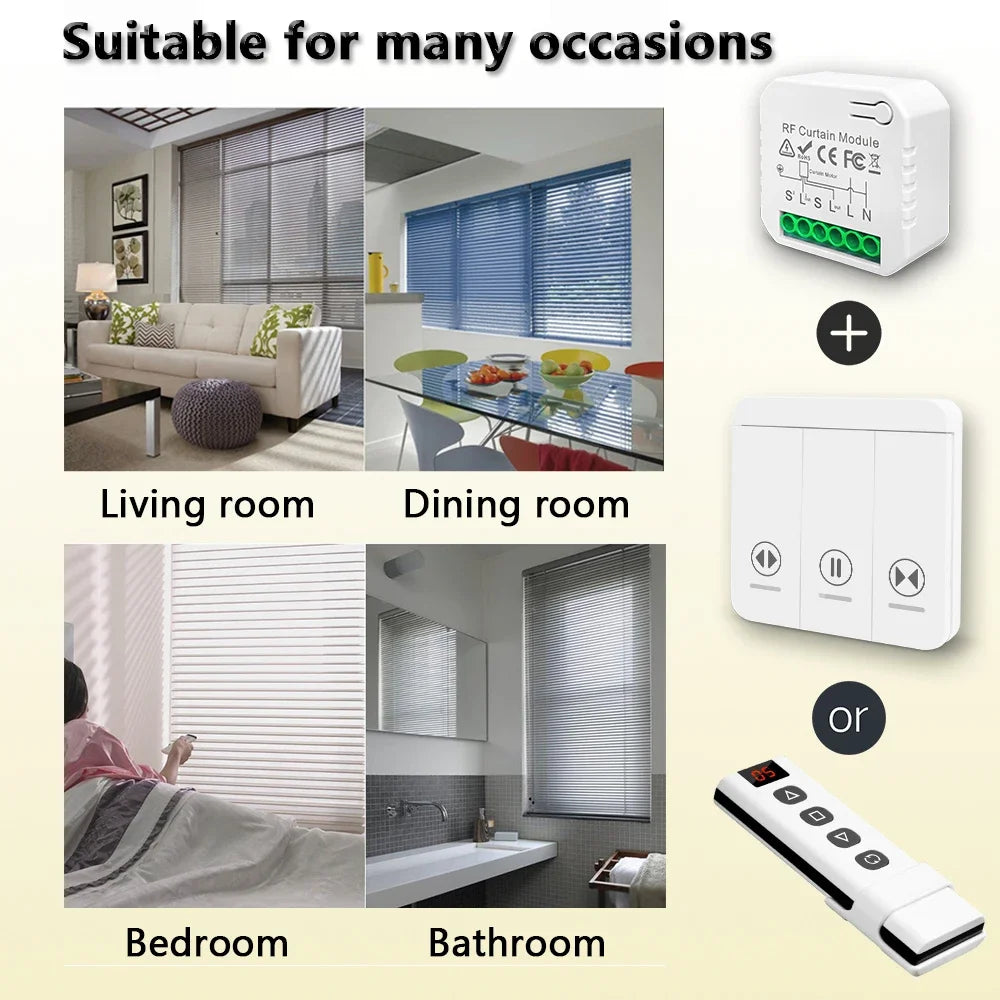 433 MHz RF Curtain Switch Module AC 220V 10A Shutter Controllers with Wireless Remote for Motorized Roller Shutter Blinds Motor