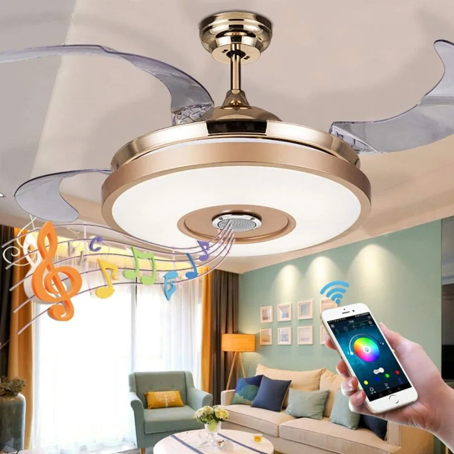 36'' Modern Smart Ceiling Fans with Integrated Light and Bluetooth Speaker 7-Color Adjustable LED Lighting Retractable Blades f