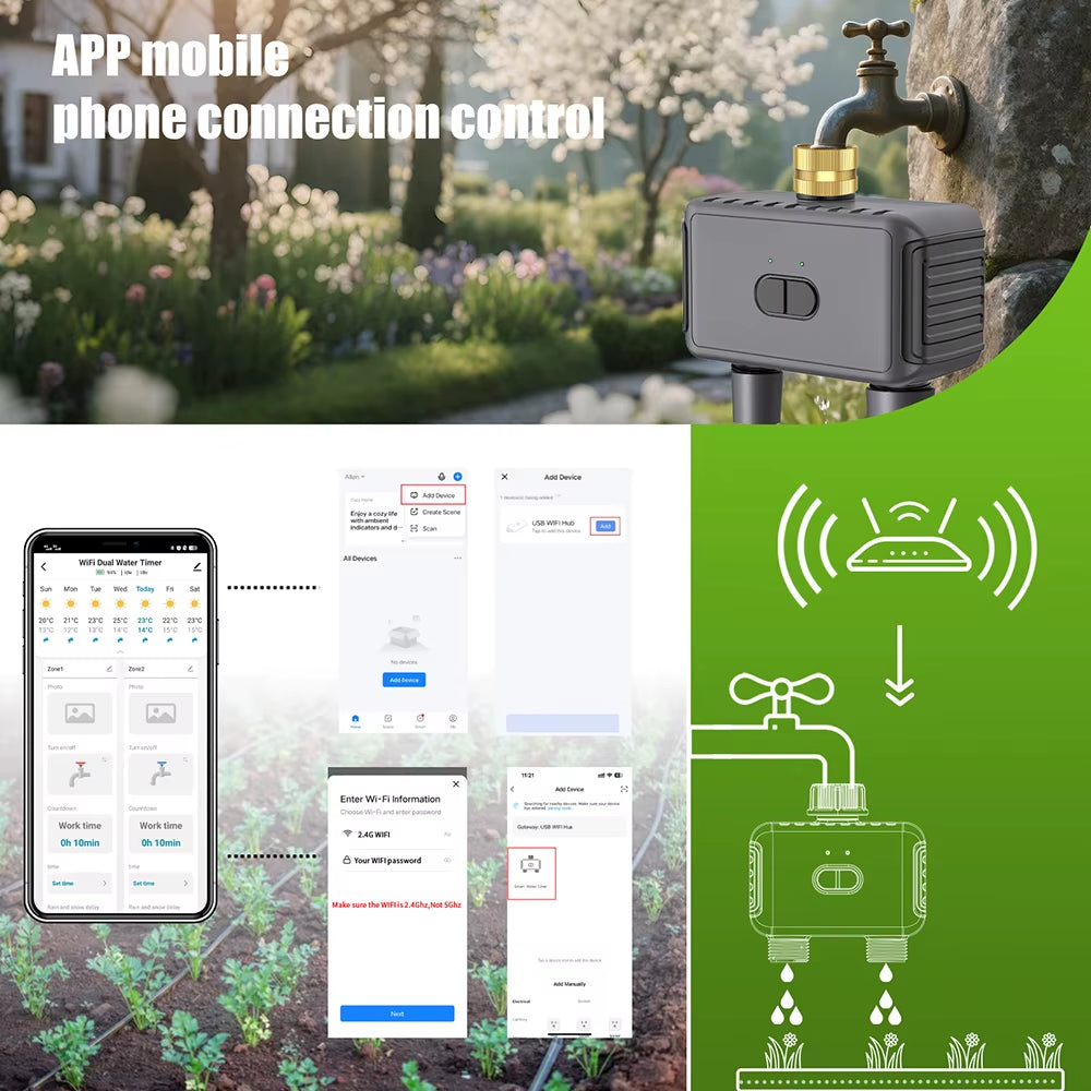 Tuya Wifi Water Timer Smart 2 Outlets Sprinkler Timer Garden Watering System Drip Irrigation Controller Rain Delay Programmer