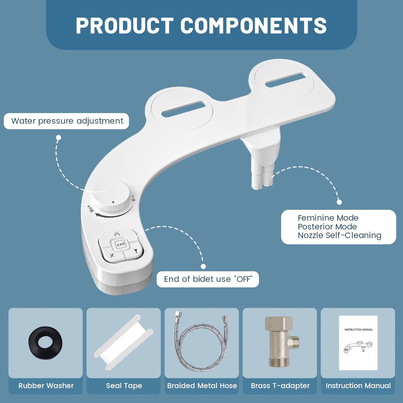 Non-Electric Bidet - Self Cleaning Dual Nozzle (Frontal and Rear Wash) Water Bidet Toilet Seat Attachment