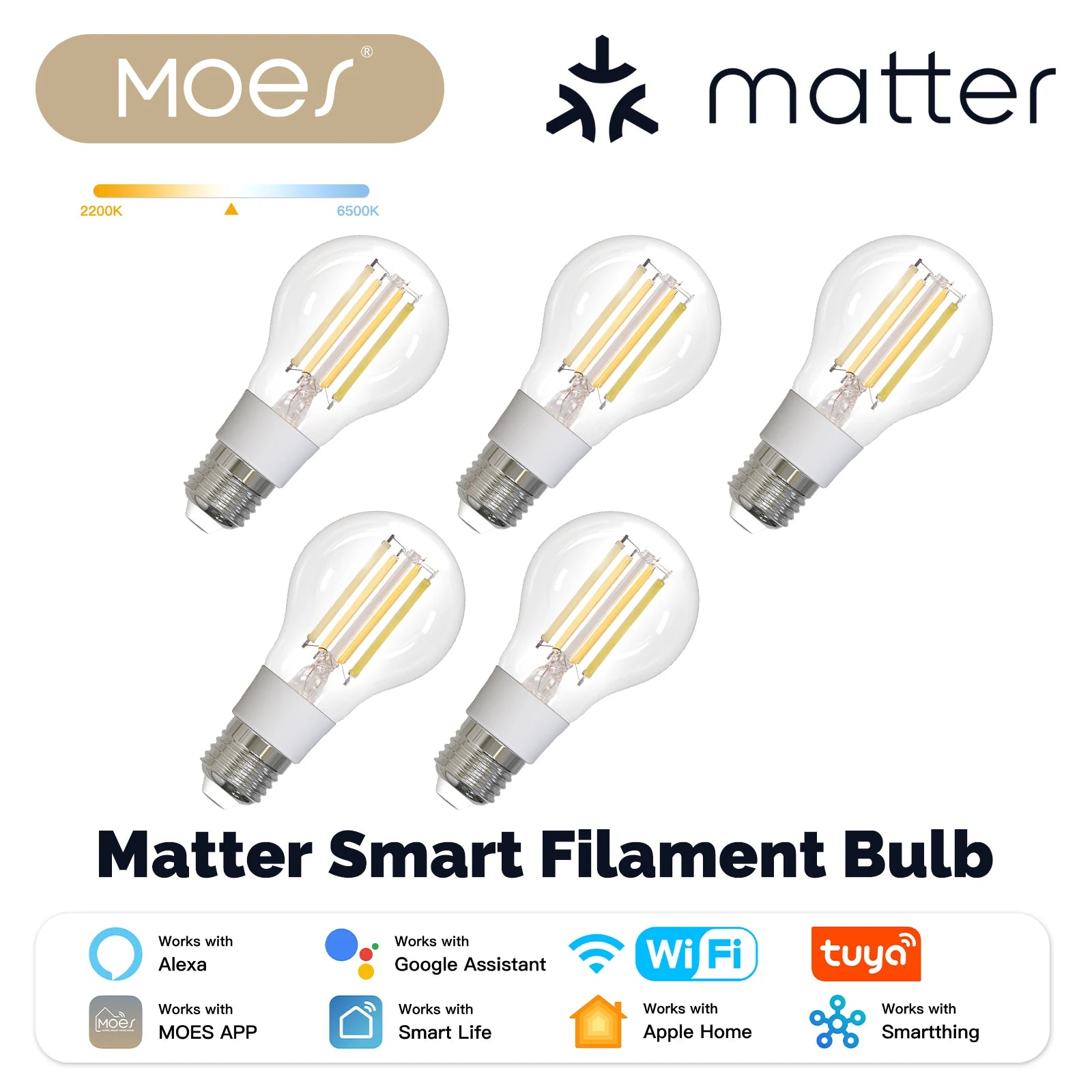 MOES Tuya Matter E27 7W Smart LED Filament Bulb 806Lm Dimmable 2700K-6500K Adjustable White Voice Control Alexa Google Home