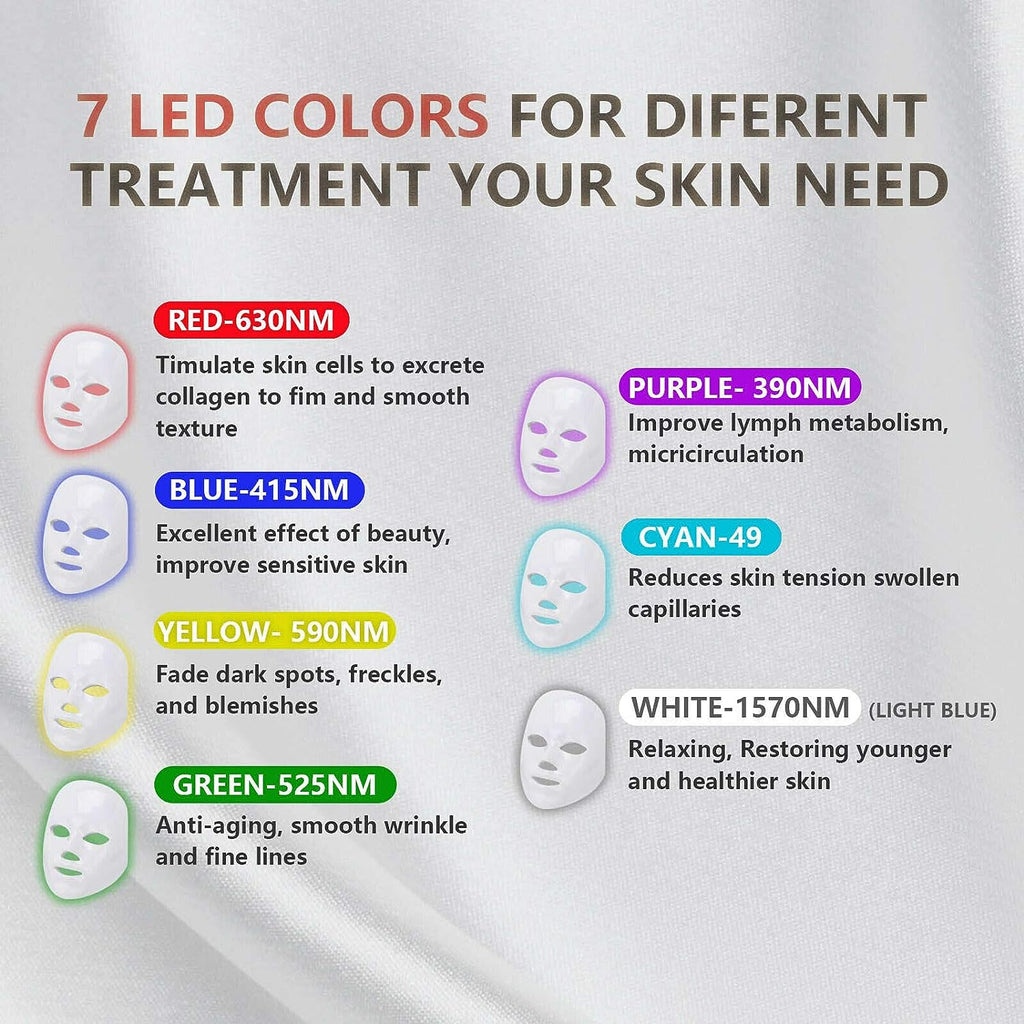 Led Face Mask Light 7 Led Light Therapy Facial Skin Care Mask - Blue & Red Light Treatment Acne Photon Mask - PDT Technology for Acne Reduction