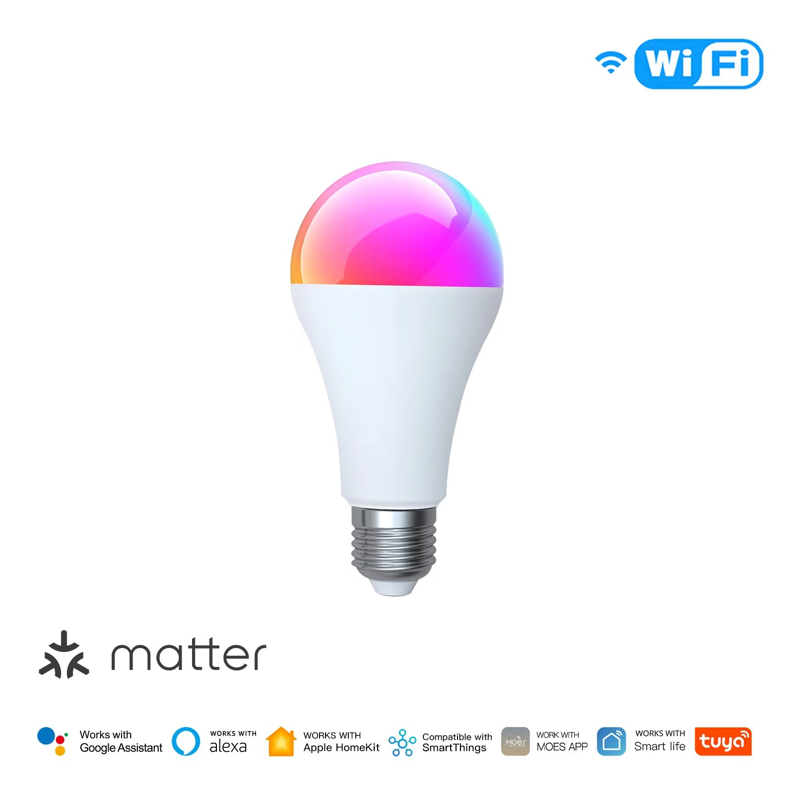 MATTER WiFi Smart Bulb 14W RGB+CW E27, Dimmable 2700K-6500K, Tuya App Control, Color Changing, Works with Alexa Google Home