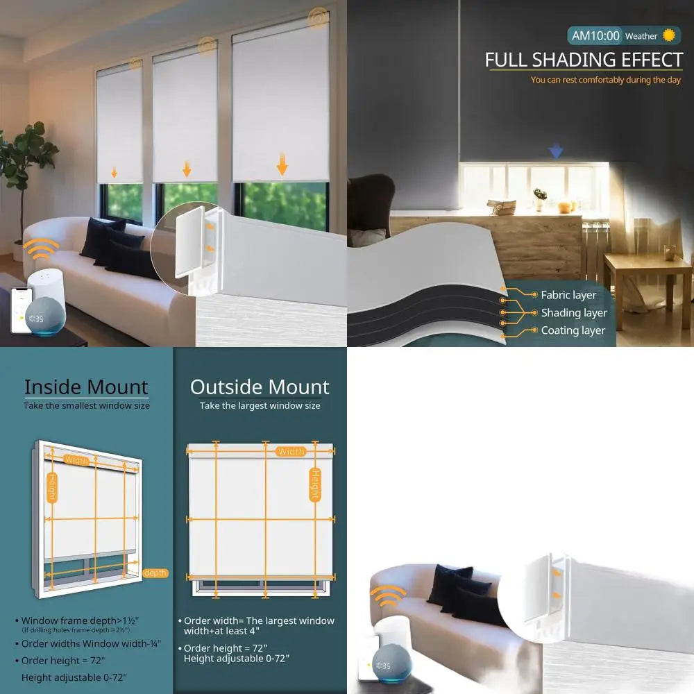 Wireless Remote Control Smart Blinds - White Cordless Roller Shades, 23 x 72