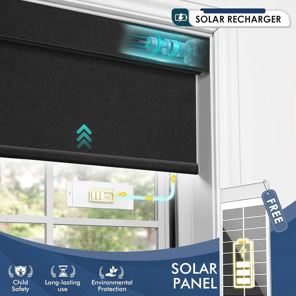 Motorized Blinds with Remote, Blackout Automatic Blinds with Solar Panel, Cordless Smart Electric Roller Shades for Windows.