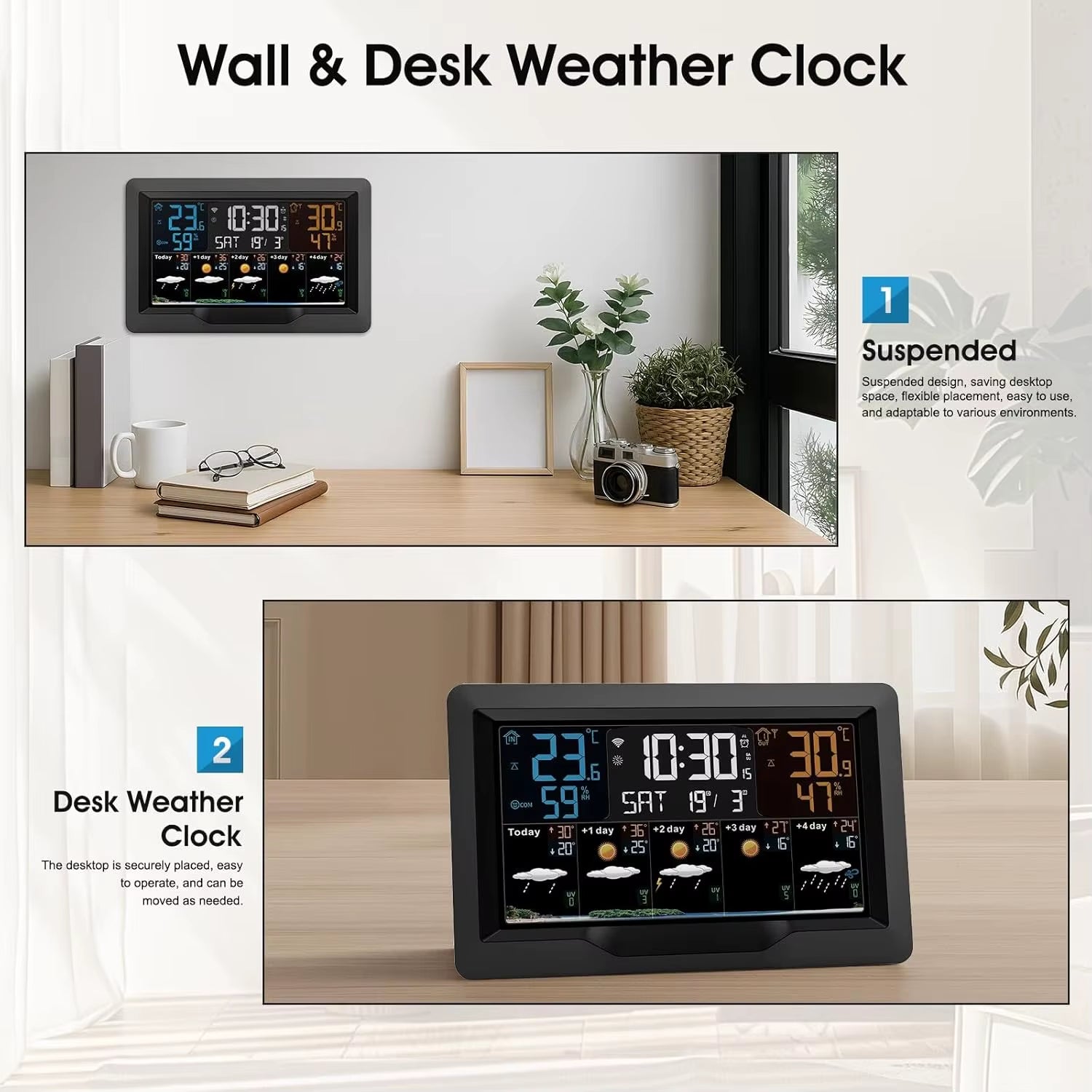 Wireless Weather Station with Atomic Clock, Large LCD Display, Indoor Outdoor Thermometer Hygrometer, Ideal for Smart Home