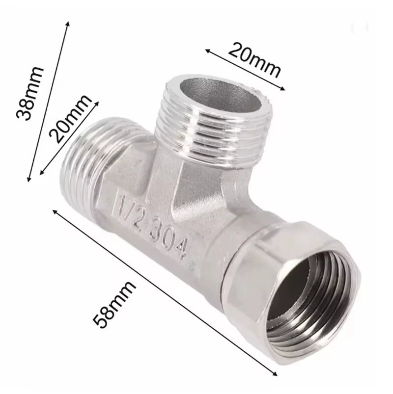 Stainless Steel T Adapter G1/ 2" T-Valve Diverter Valve Three Way Device Hole for Bath Bidet Sprayer Shower