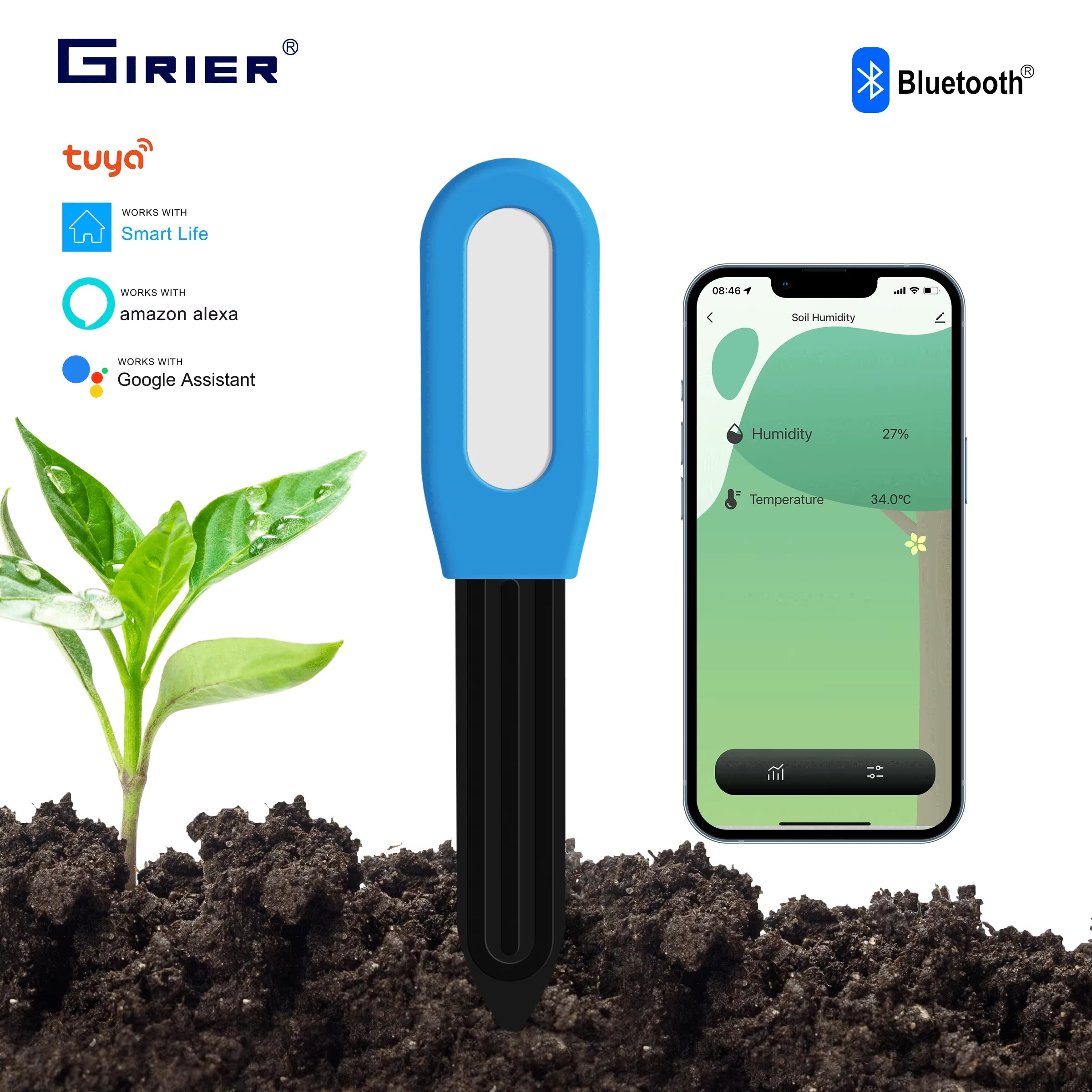 Smart Bluetooth Soil Moisture Meter Wireless Temperature Sensor for Garden Yard Greenhouse Hub Required Works with Alexa