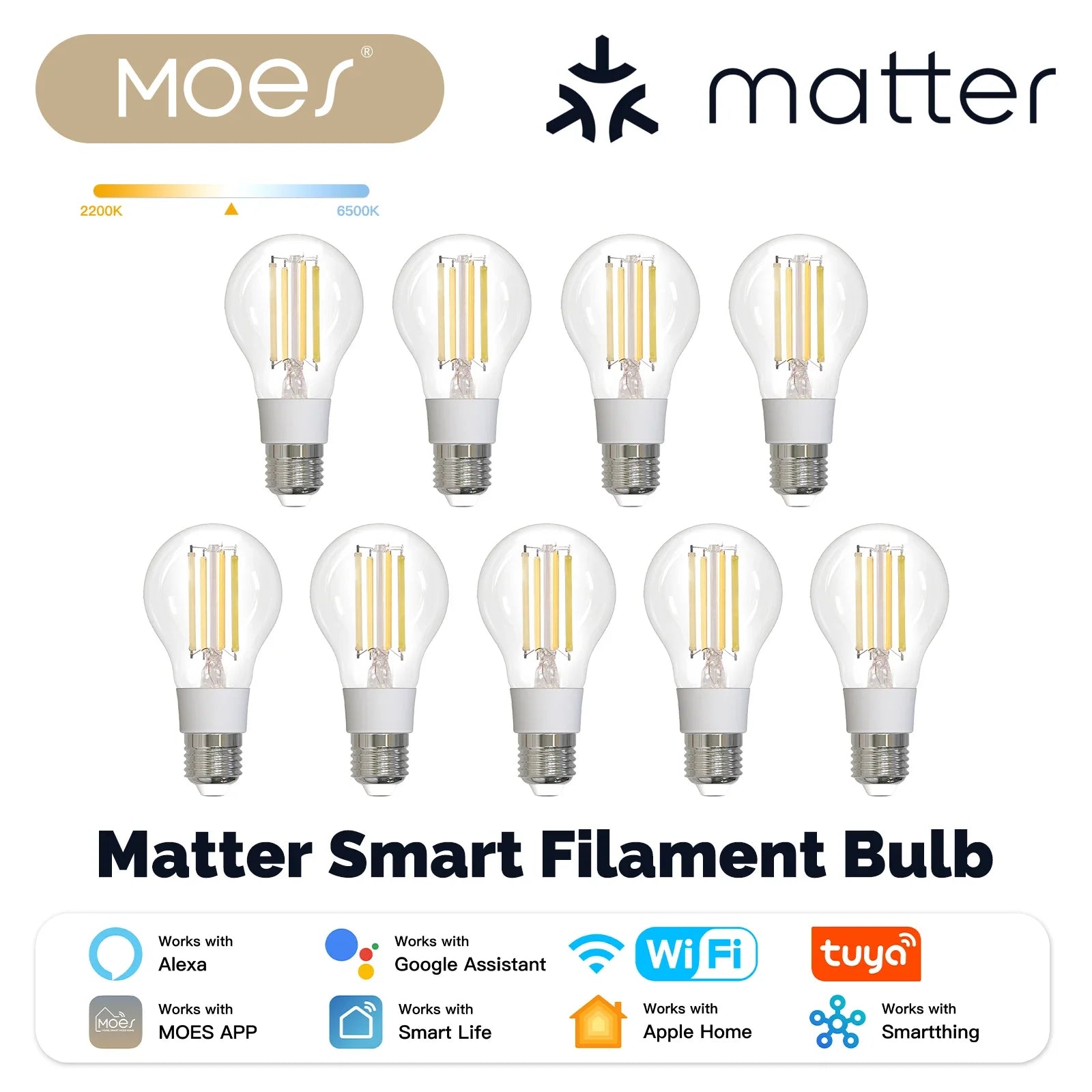 MOES Tuya Matter E27 7W Smart LED Filament Bulb 806Lm Dimmable 2700K-6500K Adjustable White Voice Control Alexa Google Home