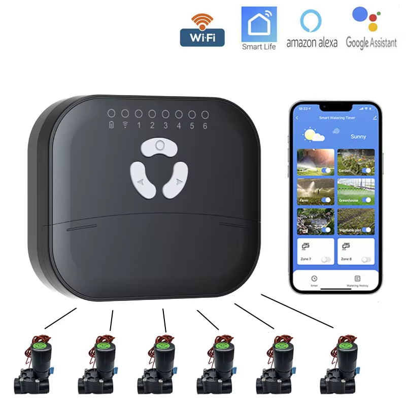 WIFI Smart Garden Irrigation Watering Timer Irrigation Water Solenoid Valve 4/6/8-Way Programmable Drip Garden Watering System