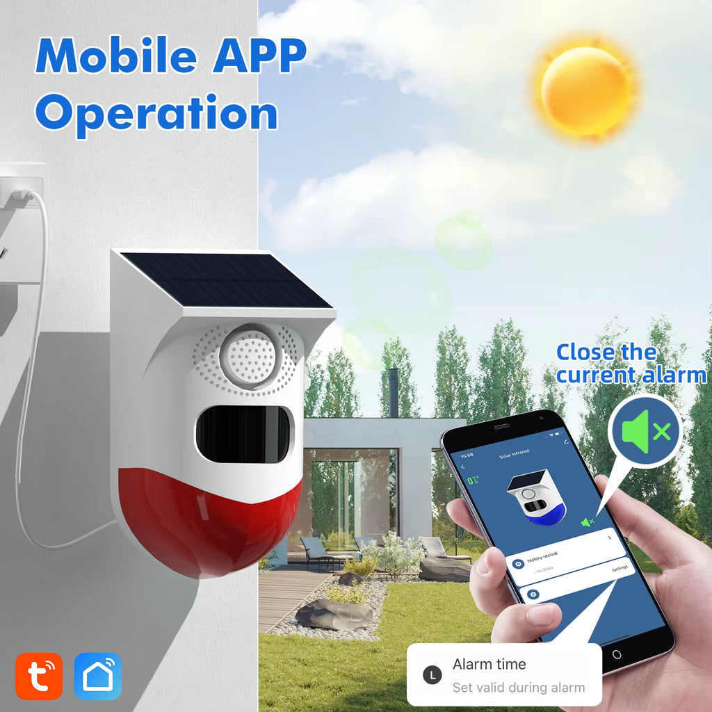 Wifi Tuya Smart Outdoor Charging Security Sound Alarm Detector Sensor Farm Garden Solar Infrared Siren Solar