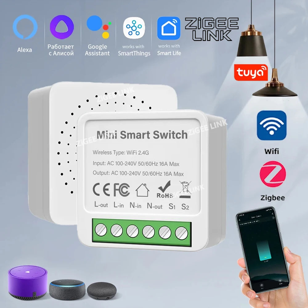 Tuya WiFi/Zigbee 3.0 Smart Switch Mini Breaker DIY Module Remote Timer Wireless Light Control Work with Smart Life Alexa Google