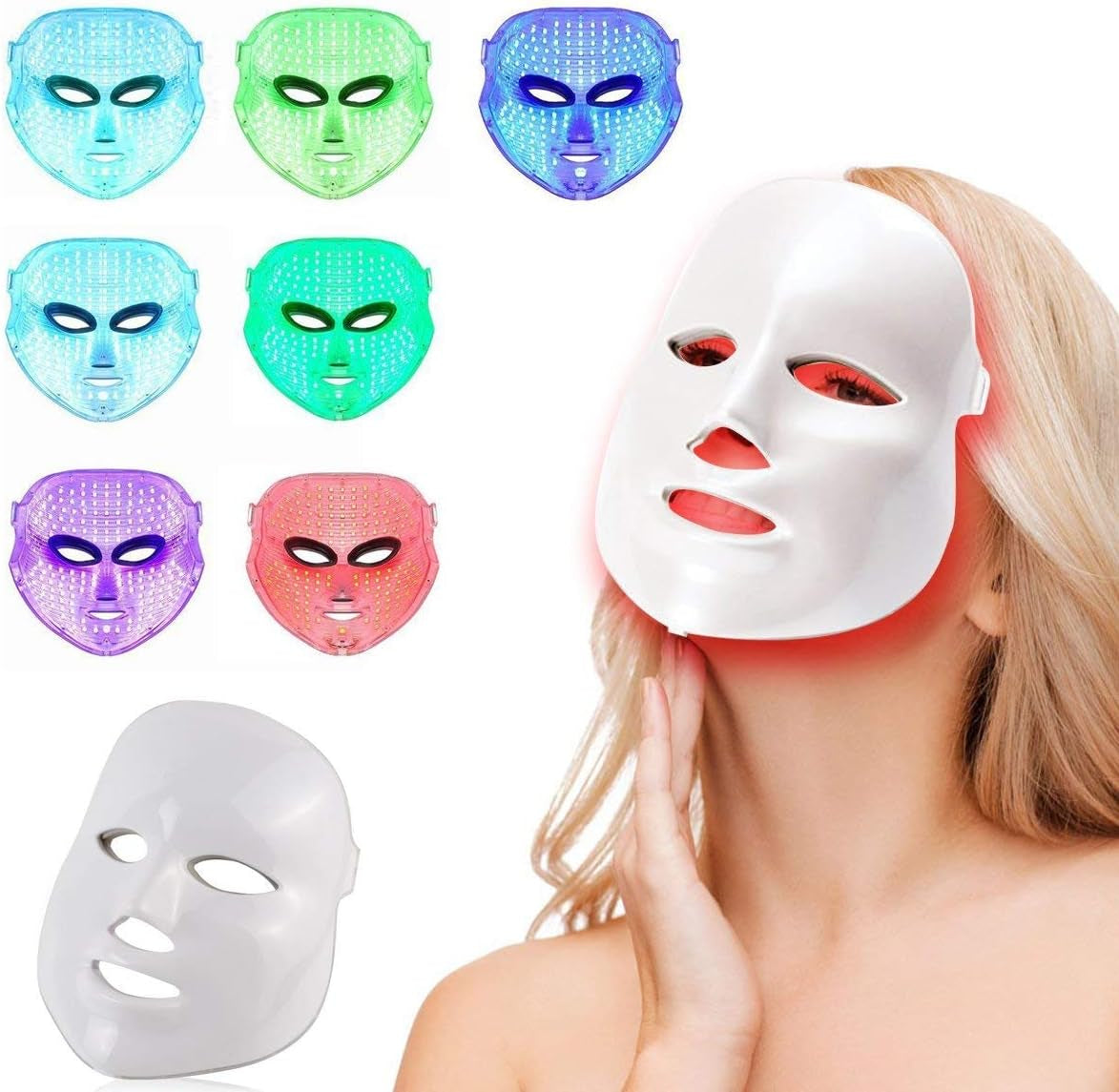Led Face Mask Light 7 Led Light Therapy Facial Skin Care Mask - Blue & Red Light Treatment Acne Photon Mask - PDT Technology for Acne Reduction