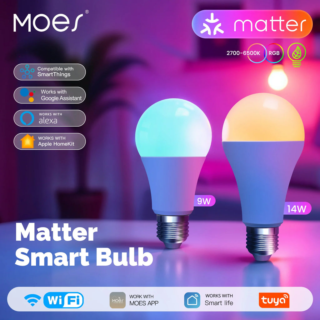 MATTER Smart Bulb WiFi RGB+CW 14W E27, Dimmable Color Changing 2700K-6500K, Tuya App, Compatible Alexa Google Home