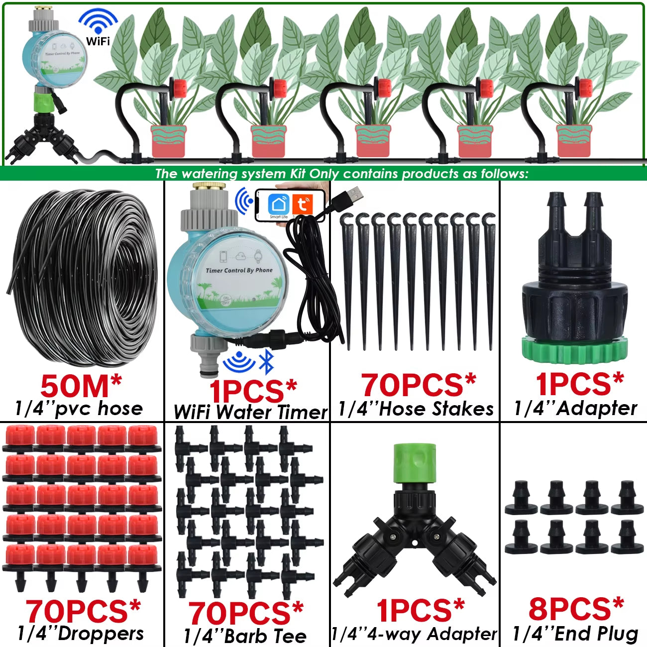 5-50M Smart Garden Automatic Watering System Kit 4/7Mm Micro Drip Irrigation Dropper DIY for Potted Plants Lawn Greenhouse