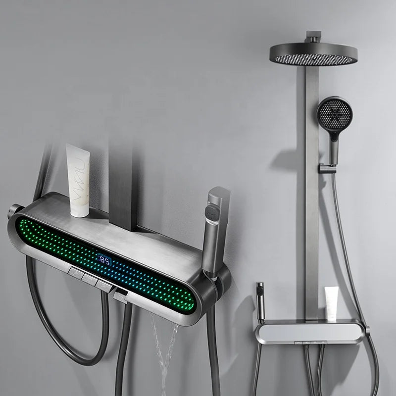 Smart Hot Selling Household White Shower Column Waterfall Modern Bathroom Thermostatic Shower Head Piano Key Digital Shower Set