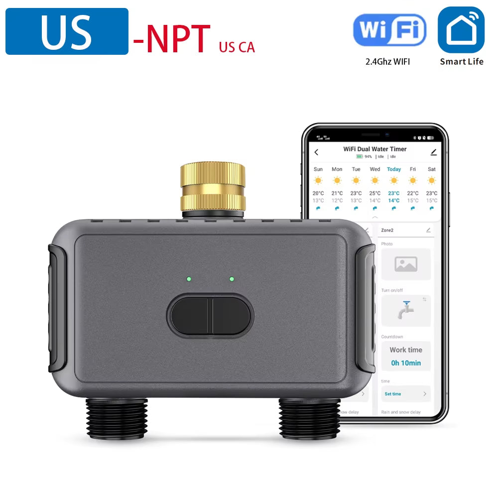 Tuya Wifi Water Timer Smart 2 Outlets Sprinkler Timer Garden Watering System Drip Irrigation Controller Rain Delay Programmer
