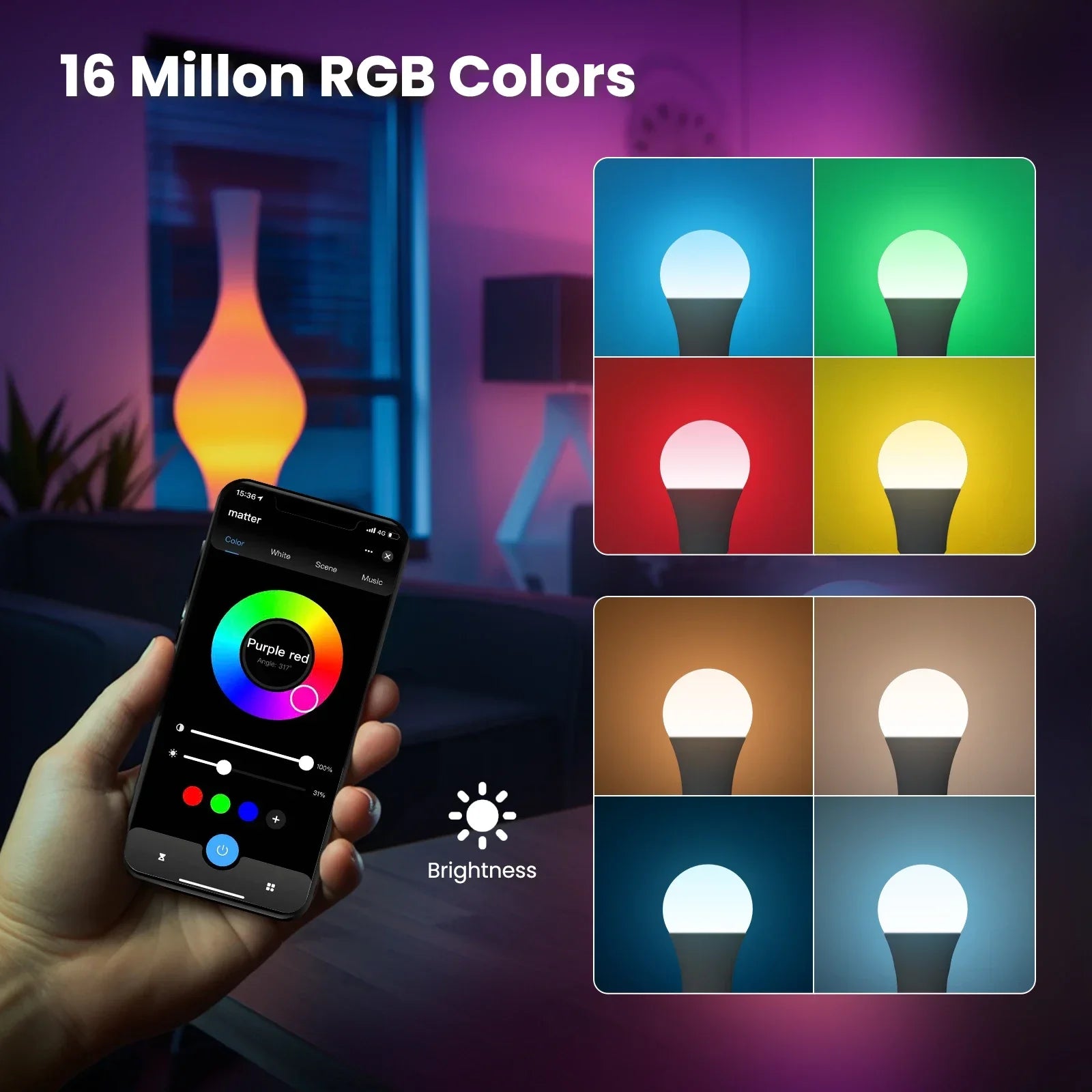 MOES Tuya Matter WiFi Smart E27 LED Bulb Dimmable 16 Million RGB Colors Candle Lamp Voice Control Works with Alexa Google Home
