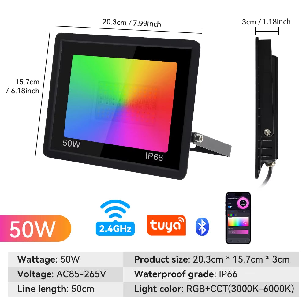 RGB Floolight TUYA Smart Control Floolight RGBCW IP65 Outoor Light 50W 100W Multicolor Spotlights WIFI Connect for Garen Bac