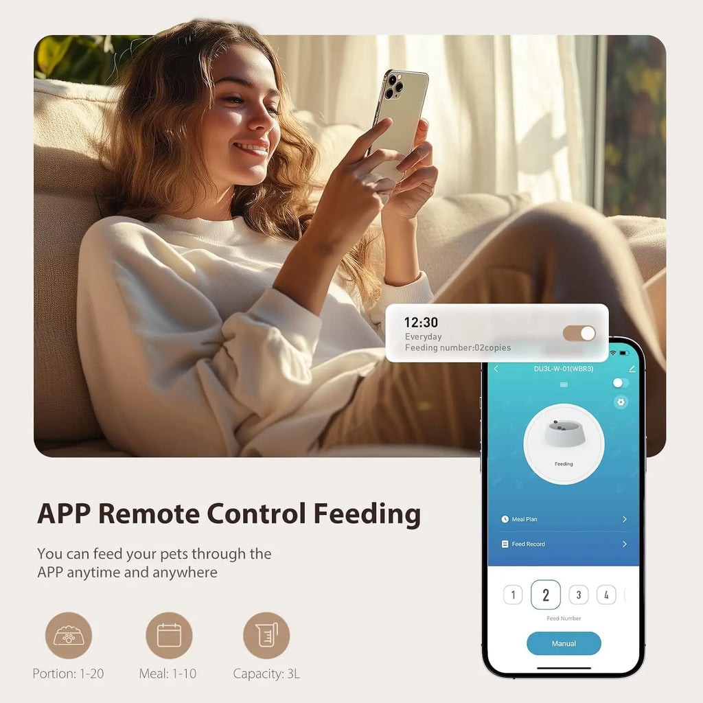 Smart WiFi Pet Feeder with App Control, Programmable Timer, Dual Power, 10 Meals, Stainless Steel Bowl