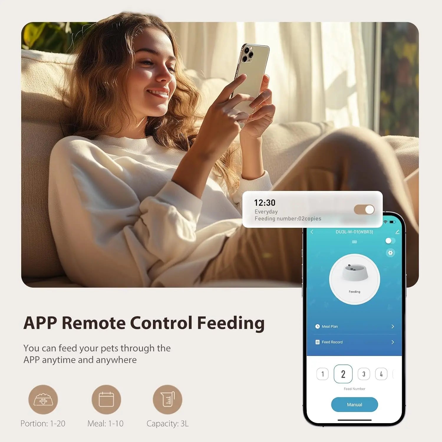 Smart WiFi Pet Feeder with App Control, Programmable Timer, Dual Power, 10 Meals, Stainless Steel Bowl