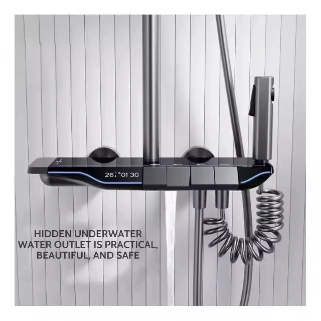 Smart LED Digital Screen Four-Function Brass Shower Set Polished Square Shower Head Ceramic Rain Waist Back SPA Apartment