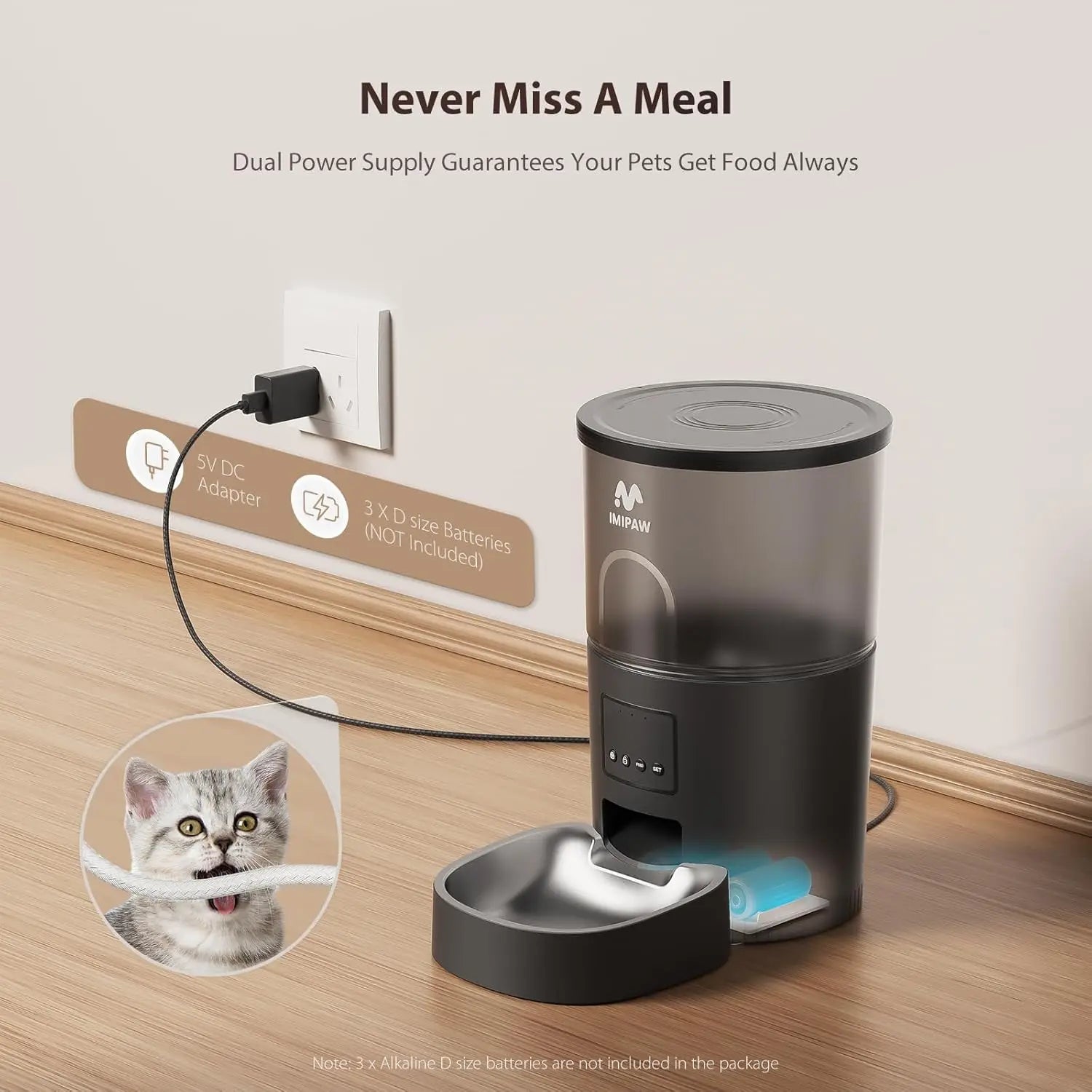 Smart WiFi Pet Feeder with App Control, Programmable Timer, Dual Power, 10 Meals, Stainless Steel Bowl