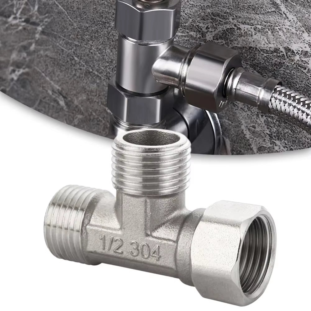 Stainless Steel T Adapter G1/ 2" T-Valve Diverter Valve Three Way Device Hole for Bath Bidet Sprayer Shower