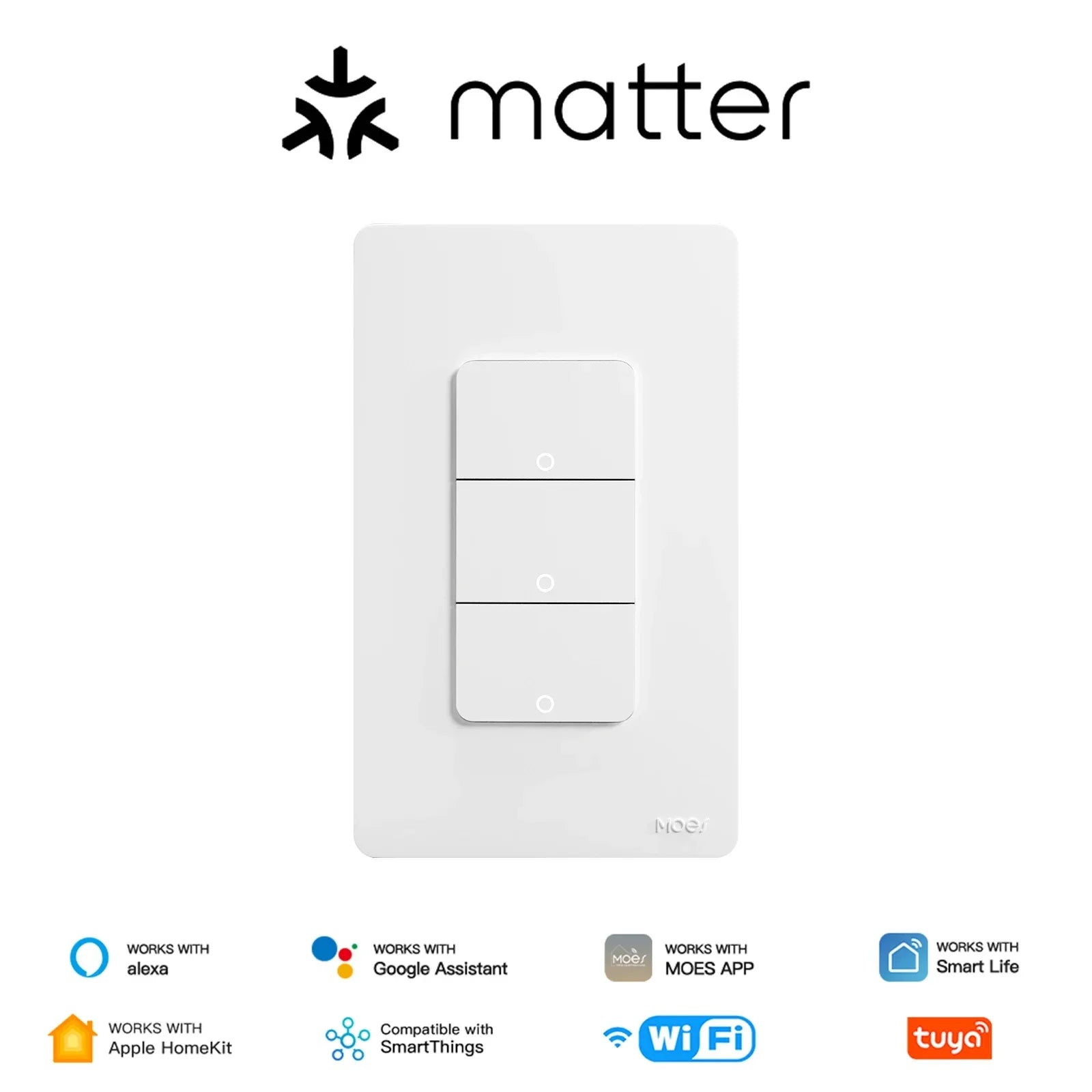 MOES WiFi Matter Switch Smart Tuya Light Button Neutral Wire Required App Control Grounding Design Alexa Google Home Apple Home