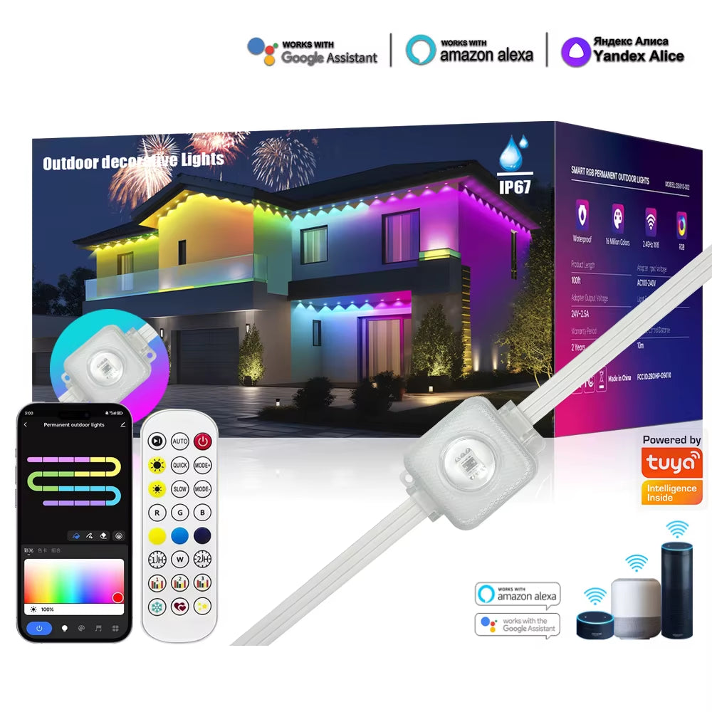 Outdoor Smart Bluetooth Eave Light, Multi-Function App Control, Eaves Lights, IP67 Waterproof, RGB, Garden Light, 15M/ 30 Leds