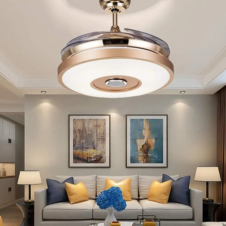 36'' Modern Smart Ceiling Fans with Integrated Light and Bluetooth Speaker 7-Color Adjustable LED Lighting Retractable Blades f