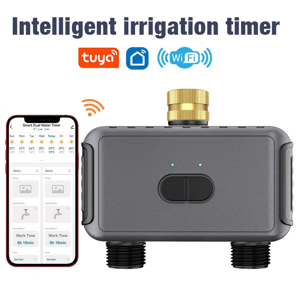 Tuya Wifi Water Timer Smart 2 Outlets Sprinkler Timer Garden Watering System Drip Irrigation Controller Rain Delay Programmer