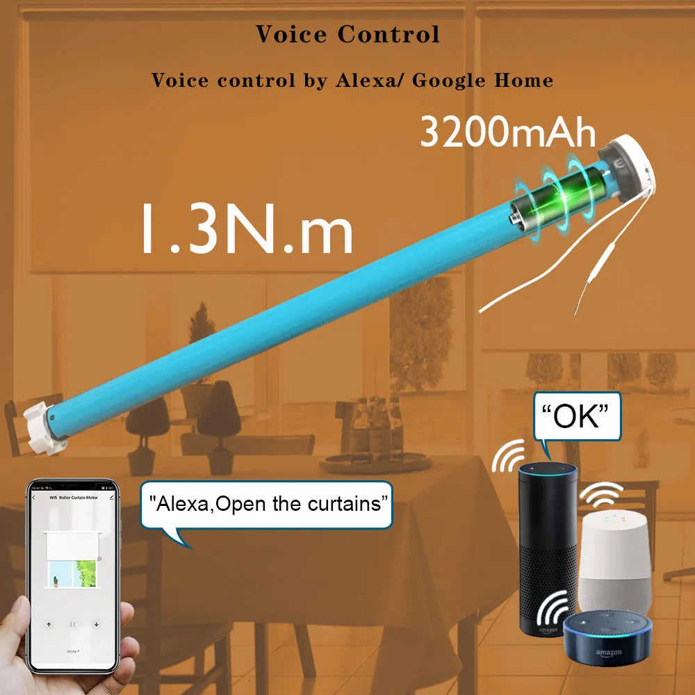 Boyarca 1.3N.m Battery Tuya Zigbee Roller Shade Blinds Motor For 38mm Tube Works with Smart Life APP Alexa Google Home Control