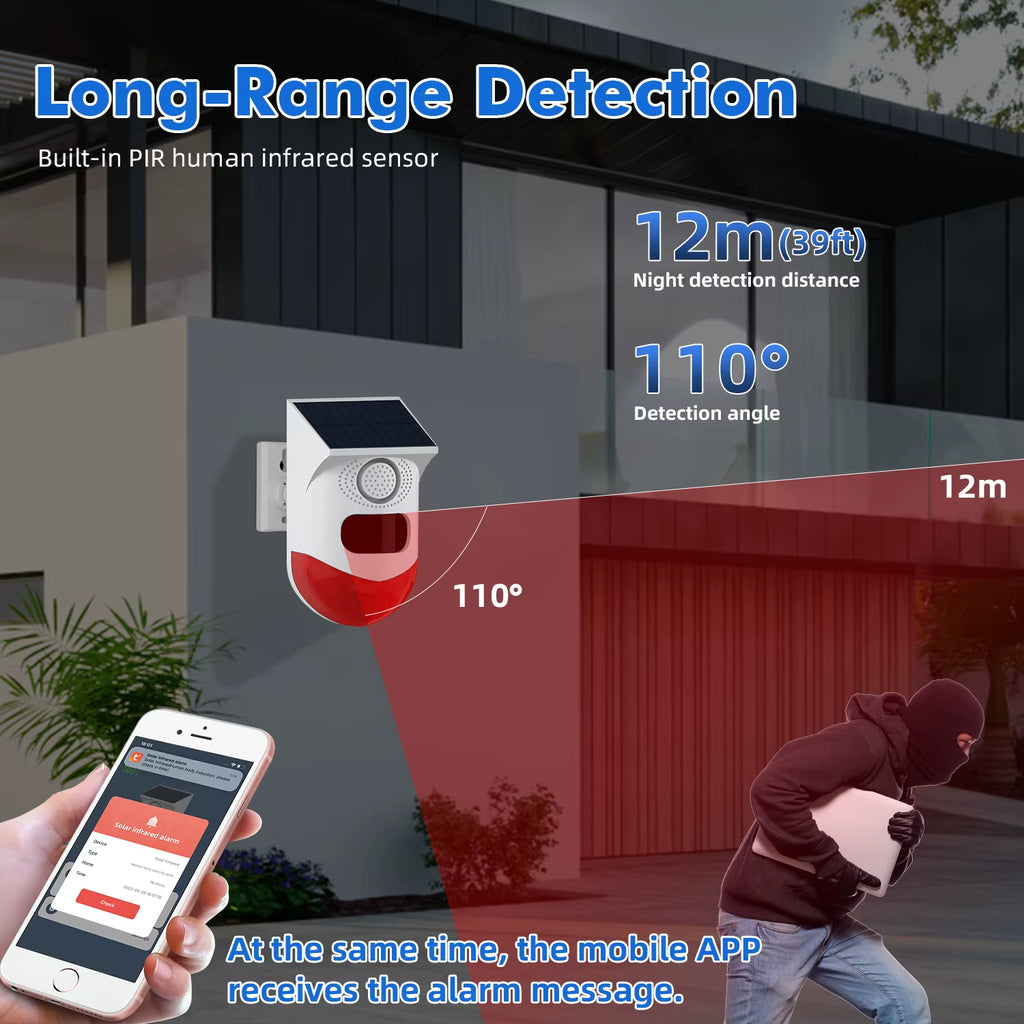 Wifi Tuya Smart Outdoor Charging Security Sound Alarm Detector Sensor Farm Garden Solar Infrared Siren Solar