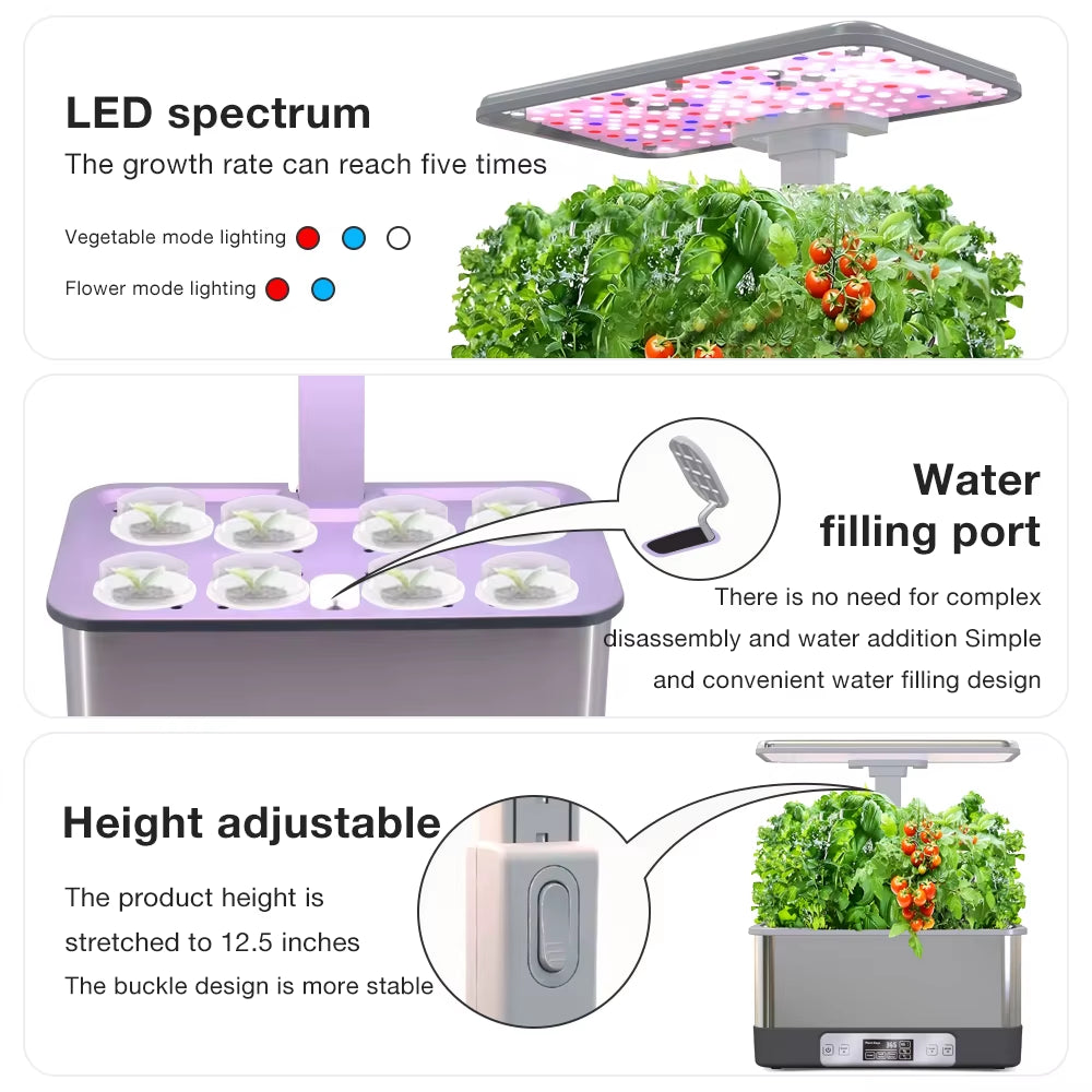Wifi Hydroponics Growing System Stainless Steel 8 Pods Planter Indoor Garden Herbs Planting Box with Spectrum LED Grow Lights